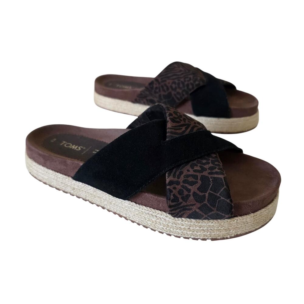 TOMS Criss Cross Slide Sandals Black Brown Animal Print Espadrille Women Size 8